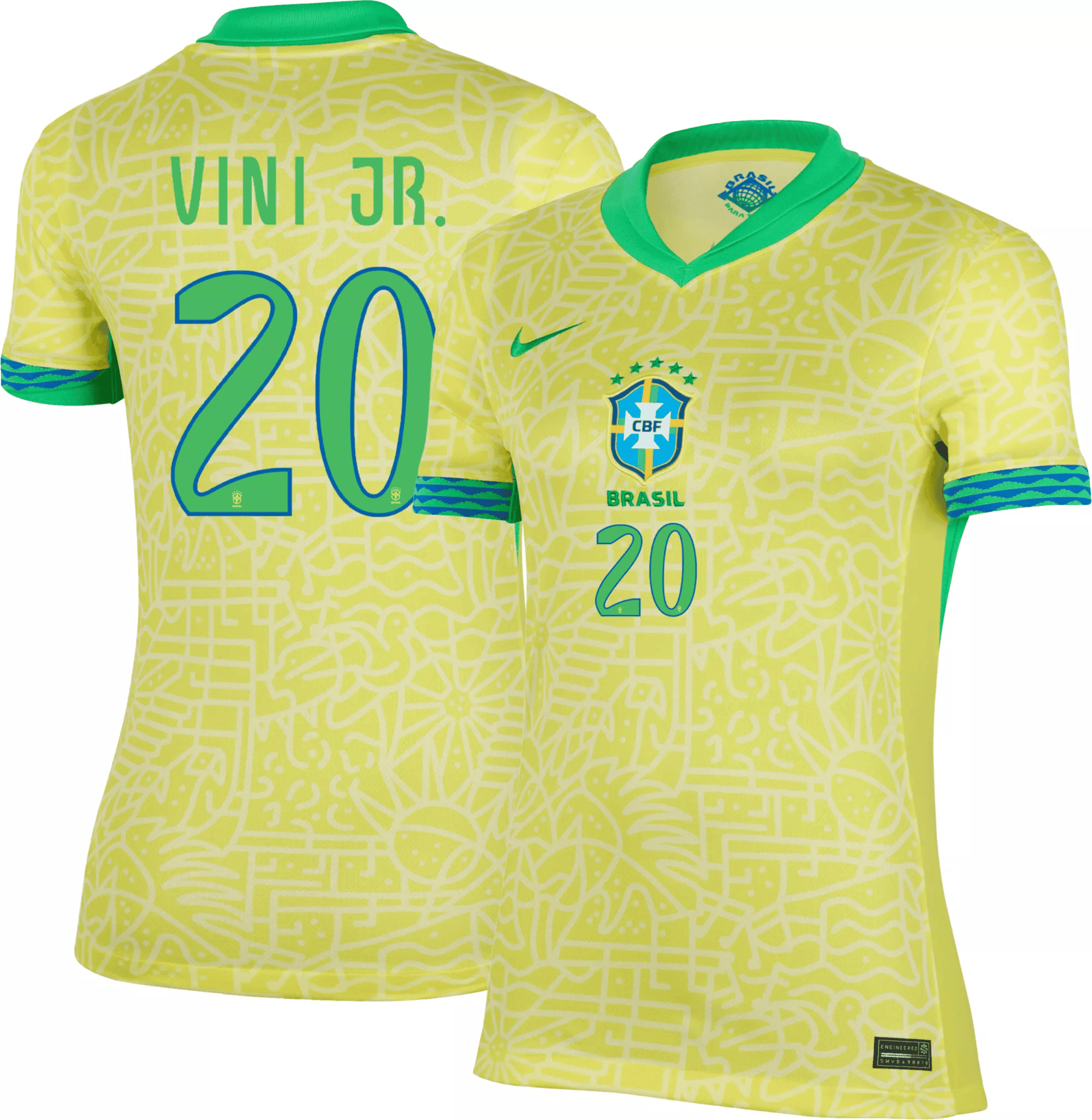 Vinicius Junior 20 Brazil 2024/25 Women Stadium Home Football Jersey – Yellow